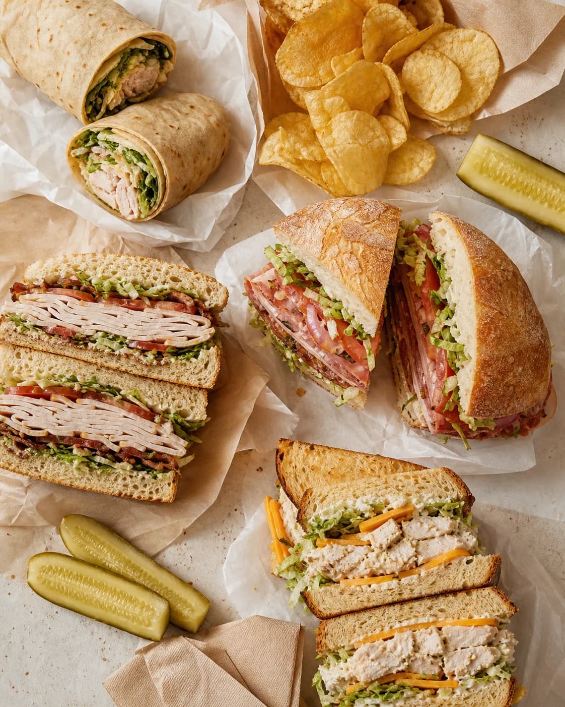 Lenwich sandwiches, wraps, chips, and pickles arranged for a team lunch